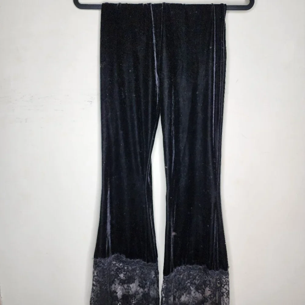 Killstar Nova Black Velour Velvet & Lace Super Flare Bell Bottoms Pull On, sz XS